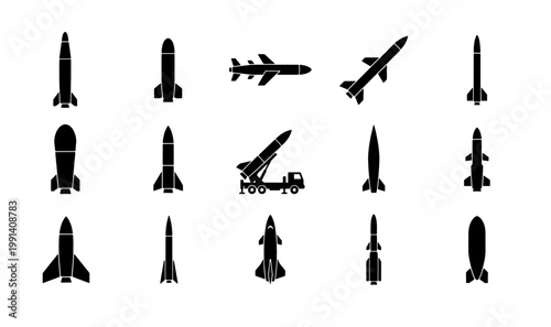 Military missile icons set, black silhouette rocket and ballistic weapon vector collection, 15 warhead and projectile symbols for defense infographics