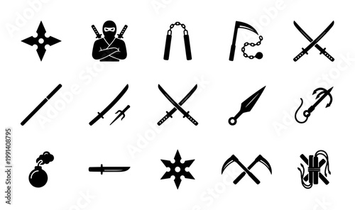 Ninja weapon icon set with 15 black vector silhouettes, traditional Japanese shinobi equipment, martial arts combat tools and assassin gear