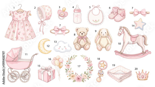 Pastel baby girl vector set with dress, stroller, bottle, teddy, bunny, rocking horse, gifts, flowers, moon, clouds, crown and nursery toys