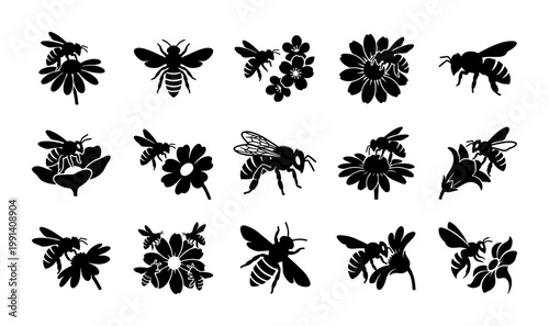 Honey bee silhouette icons set, 15 bumblebee and flower vector elements, black garden insect graphics on white background