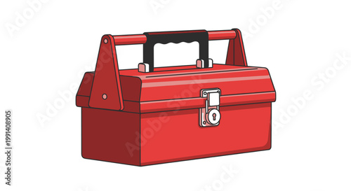 Red metal toolbox with handle.