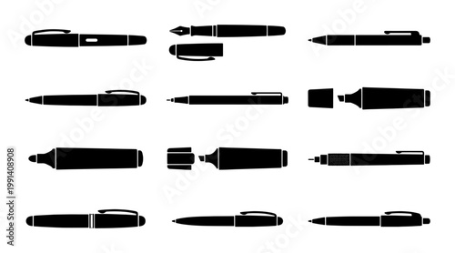 Black pen silhouette icons set, professional writing instrument vector collection, office stationery and school supply graphics, 12 isolated pen symbols