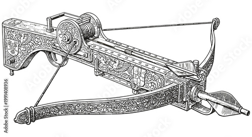Medieval crossbow with intricate designs and a bolt ready for launch