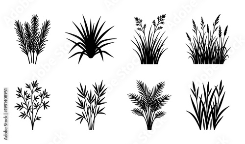 Black grass silhouette collection, set of 8 botanical plant vector elements, wild meadow weeds and field greenery icons for landscape design