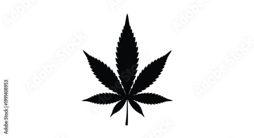 A stark silhouette of a cannabis leaf against a white background