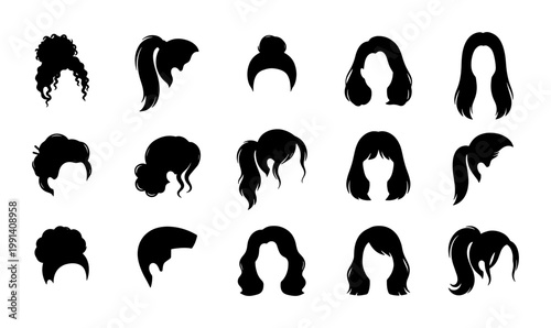 Woman hairstyle silhouette collection, set of 15 female hair icons and wig shapes, black vector hair styles for beauty salon branding and fashion design