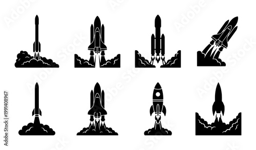 Minimalist rocket launch icons set, black silhouette space shuttle vector collection, 8 spacecraft takeoff symbols for startup and technology branding