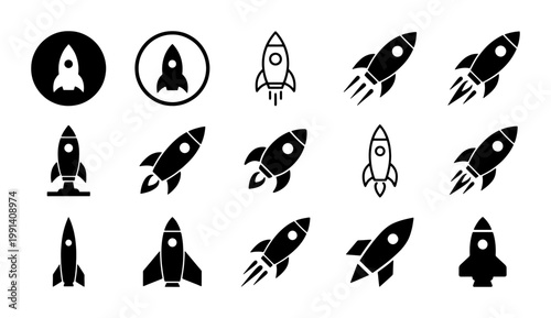Rocket launch icon set, 15 spaceship vector symbols, black minimalist spacecraft silhouettes for startup business and technology projects