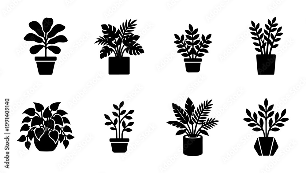Φωτογραφία Minimalist houseplant silhouette icons, set of 8 potted plant vector illustratio
