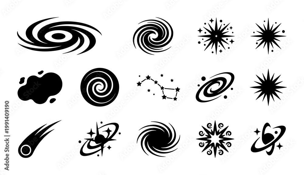 Αυτοκόλλητο Minimalist outer space icons set, black celestial galaxy and star symbols, 15 ve