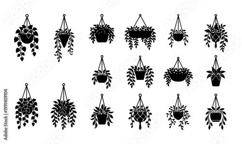 Quadro em tela Black silhouette hanging plants vector set, 16 potted houseplant icons, minimali