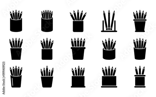 Minimalist pencil holder icon set, 15 black silhouette office stationery symbols, school supply pen cup vector collection for web design and UI