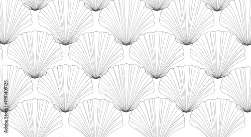 Elegant seamless pattern of stylized seashell fans created with fine vertical lines on a white background.