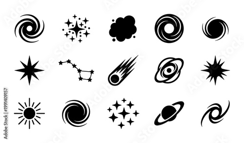 Minimalist space icons set, black celestial vector elements, 15 astronomy symbols including stars, planets, galaxies and constellations for UI design