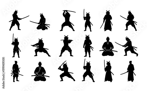 Cuadro en lienzo Japanese samurai silhouette collection, 18 ancient warrior vector icons, traditi