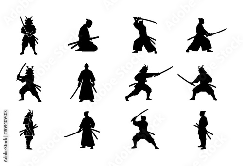Japanese samurai silhouette collection, 12 warrior vector icons in combat poses, traditional ronin and ninja figures with katana swords, martial arts set