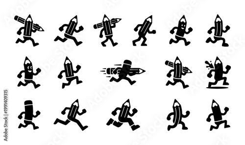 Retro cartoon pencil character set, 17 vintage mascot icons in running poses, black and white hand drawn doodle stationery elements for creative branding