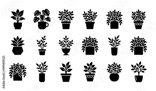 Minimalist houseplant silhouette icons, set of 18 potted plant vector illustrations, black botanical indoor garden greenery symbols for web design