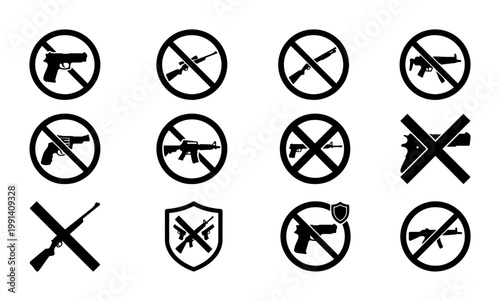 Prohibited weapons icons set, no guns allowed warning signs, black silhouette firearm restriction symbols, 12 vector elements for security zones