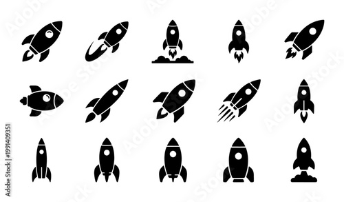 Rocket ship icon set, 15 black silhouette spaceship vectors, minimalist shuttle launch symbols for business startup and space exploration projects
