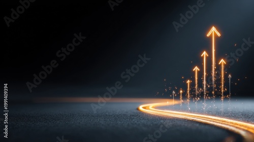 Abstract representation of growth and progress illustrated with glowing arrows pointing upwards
