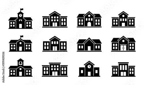 School building icon set, black silhouette educational institutions vector, collection of 12 university and college exterior symbols for academic maps