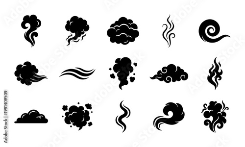 Smoke and steam cloud silhouettes, black vapor trail icons, 15 comic style wind and gas puff vector elements for motion graphics and infographics