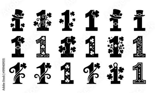St. Patrick's Day number 1 collection, 18 black vector icons with shamrocks and leprechaun hats, Irish holiday decorative numerals for first birthday