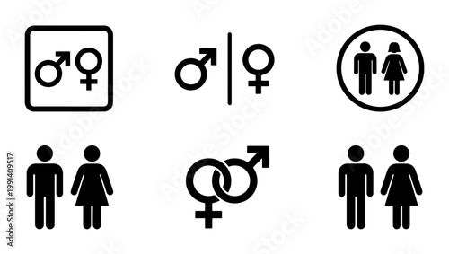 Gender symbols and restroom icons set, black male and female toilet signs, 6 vector elements for public navigation and washroom wayfinding