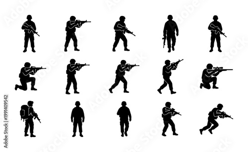 Military soldier silhouettes set, 15 tactical infantry vector icons, armed special forces personnel in combat poses, army warfare character collection