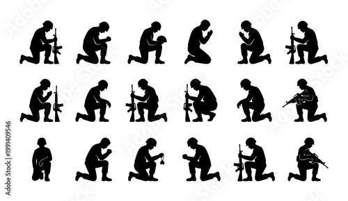 Military soldier silhouette set, 18 kneeling army veteran icons, praying and mourning infantry figures, black vector graphics for memorial day
