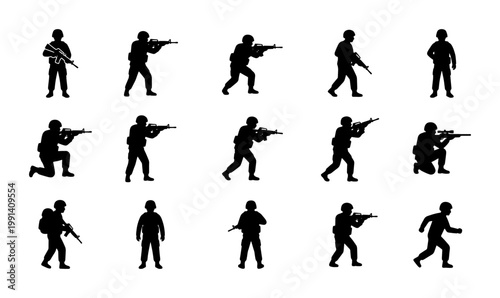 Military soldier silhouettes set, 15 tactical army infantry vector icons, armed special forces commandos in combat poses, black war fighter figures