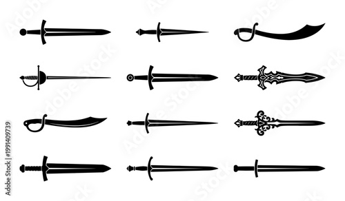 Medieval sword silhouette collection, 12 historical weapon icons, black steel blade and dagger vector set, fantasy warrior equipment for gaming and heraldry
