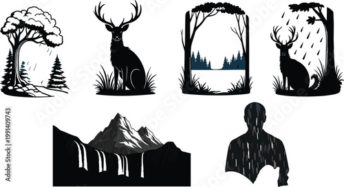 wildlife deer silhouettes forest landscape nature elements mountains waterfall rain scene vector illustration outdoor wilderness design graphic collection set