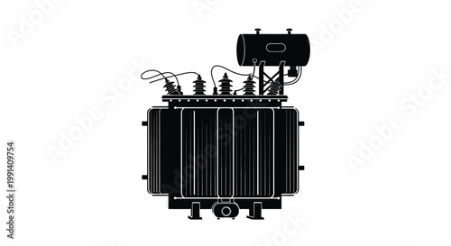 A black silhouette illustration of an electrical power transformer with cooling fins