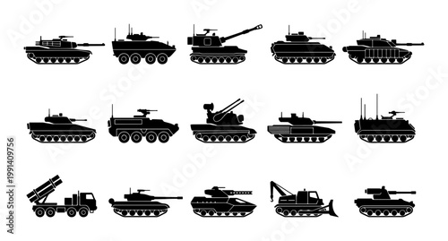 Military tank silhouettes set, 15 armored vehicle icons, black army transport collection, heavy artillery and combat machinery vector graphics