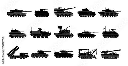 Military tank silhouettes set, 15 armored vehicle icons, heavy artillery and combat machinery collection, black war machine vector graphics
