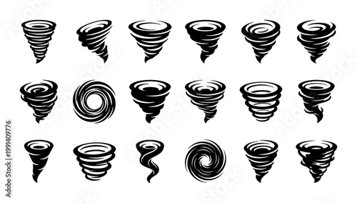 Tornado silhouette icons set, black hurricane and cyclone vector symbols, 18 weather storm swirl elements for disaster warning and climate graphics