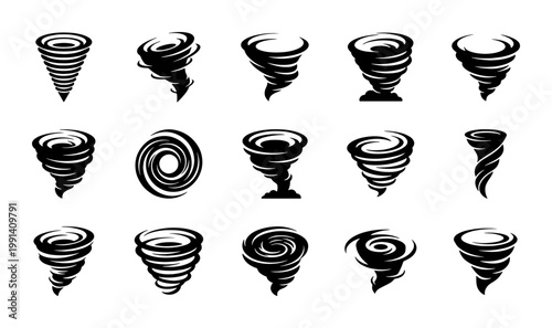Tornado and hurricane icons set, black swirl wind storm silhouettes, 15 weather disaster vector elements for climate and meteorology graphics