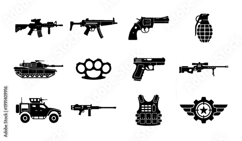 Military weapon icons set, black silhouette tactical equipment and firearms collection, 12 vector war and defense symbols for gaming and security