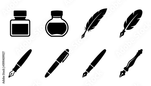 Vintage fountain pen and ink bottle icons, 8 black quill and calligraphy pen vector elements, antique writing tools and stationery set