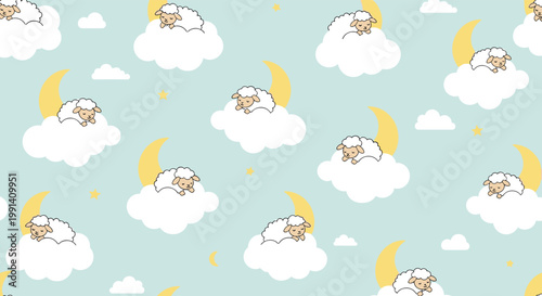 Adorable seamless pattern showing little sheep sleeping on white clouds under a yellow crescent moon on a light blue sky background.