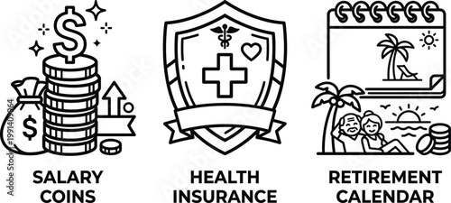 Salary coins and money bag with rising arrow, health insurance shield with medical symbols, retirement calendar with palm tree and beach.