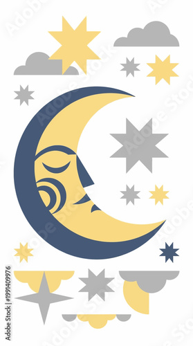 Whimsical crescent moon with closed eyes surrounded by stylized stars and clouds in a muted color palette, invoking a sense of calm and wonder for children's themes or celestial designs