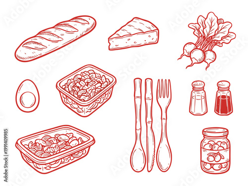 Assortment of Food Items in a Sketch Style Illustration.
