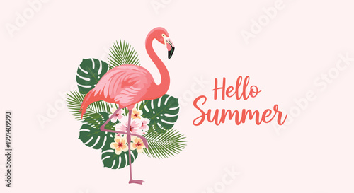 Elegant pink flamingo standing gracefully amidst lush green tropical leaves and white hibiscus flowers with pink hello summer text.