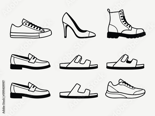 Assortment of Footwear Styles in Black and White Line Art.