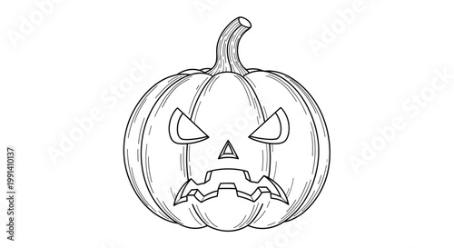 Spooky jack o lantern pumpkin with an angry face expression detailed in a black and white line art drawing for halloween celebrations.