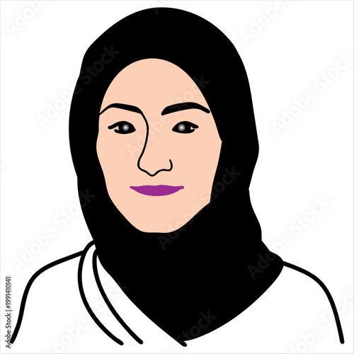 Illustrated portrait of a person wearing a hijab with a light-colored garment underneath