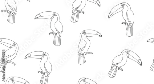 Minimalist seamless pattern of toucans illustrated with black and white dotted line art on a clean white background for a modern look.